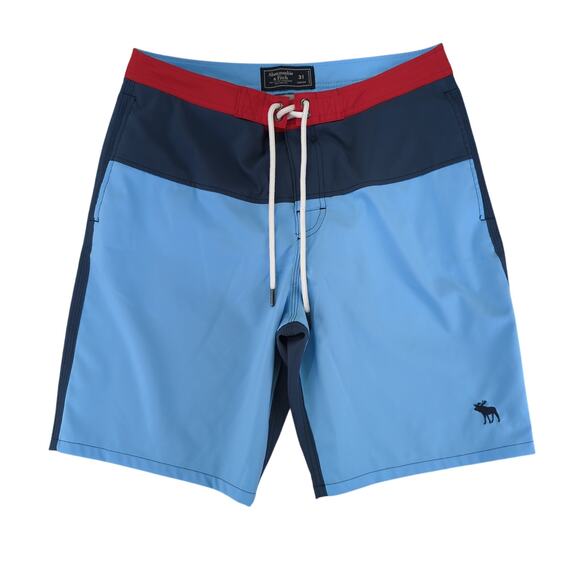 Abercrombie & Fitch Swim Trunks Board Shorts Blue with Red Men's Size 31 Stretch - Picture 1 of 4